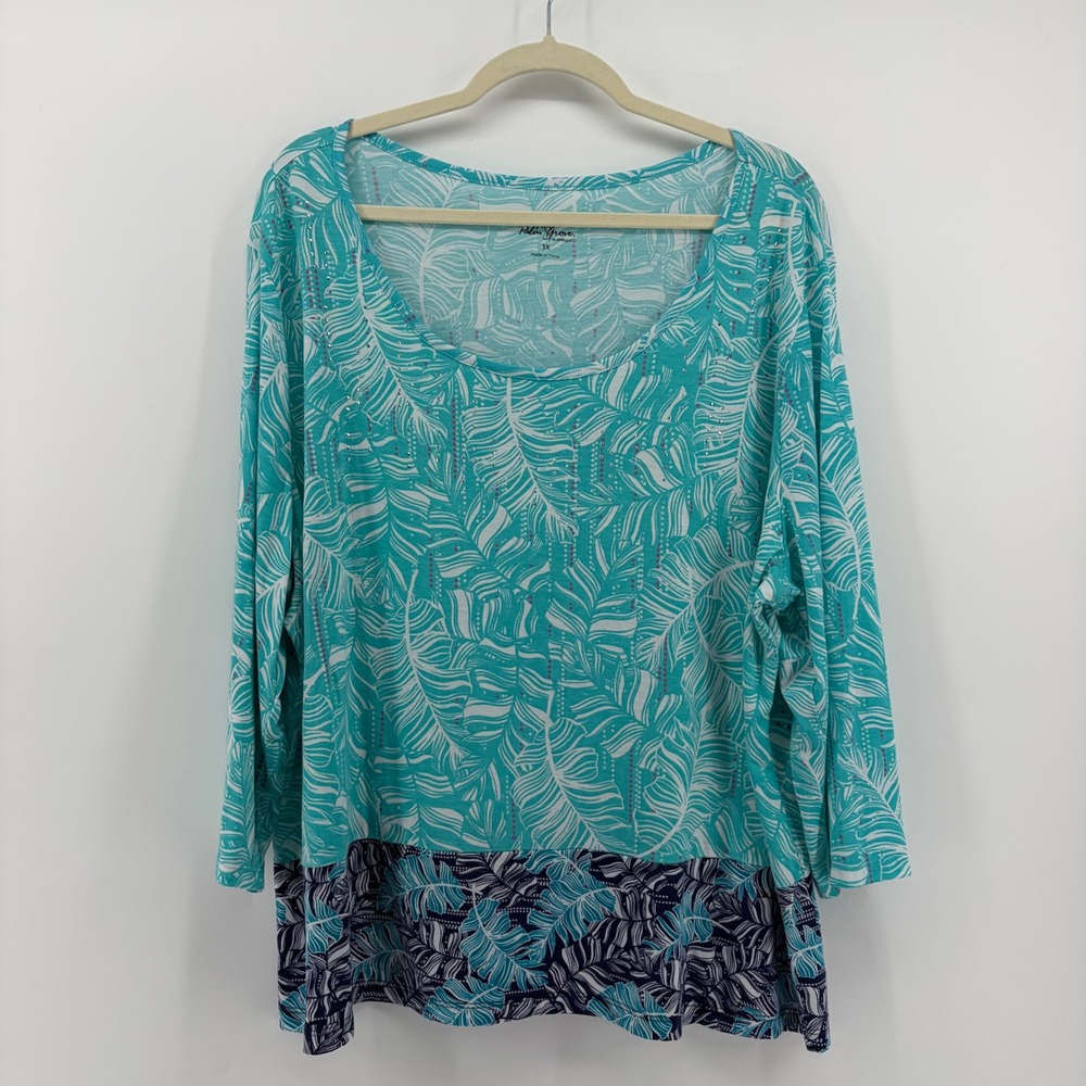 Palm Grove Woman Plus Size 3X Tropical Leaf Print Long Sleeve Tunic Top